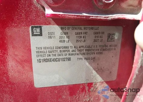 2012 Chevrolet Volt z USA, uszkodzony, nr VIN 1G1RD6E49CU102798